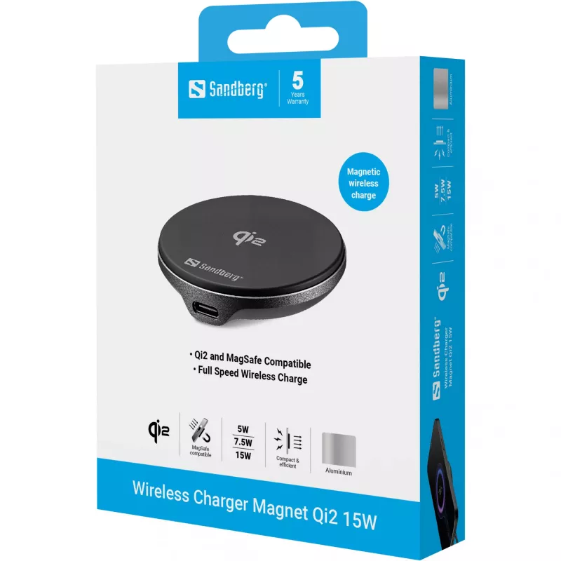 Wireless charger SANDBERG 441-61 Qi2 15W – Qi2 wireless charging pad compatibel met Qi-apparaten