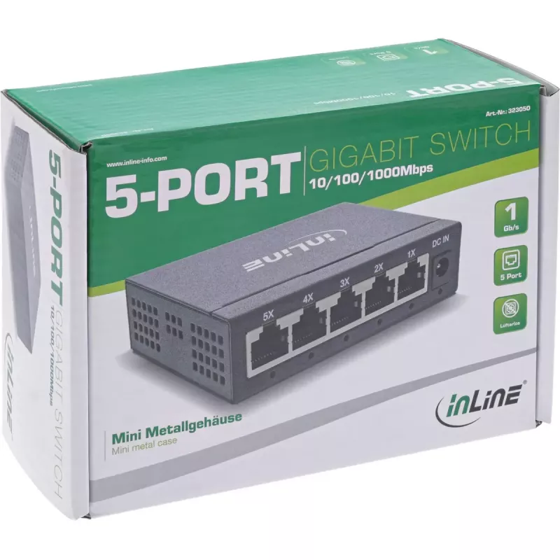 InLine Gigabit-netwerkswitch 5-poorts, 1 Gb/s, desktop, metalen behuizing, ventilatorloos