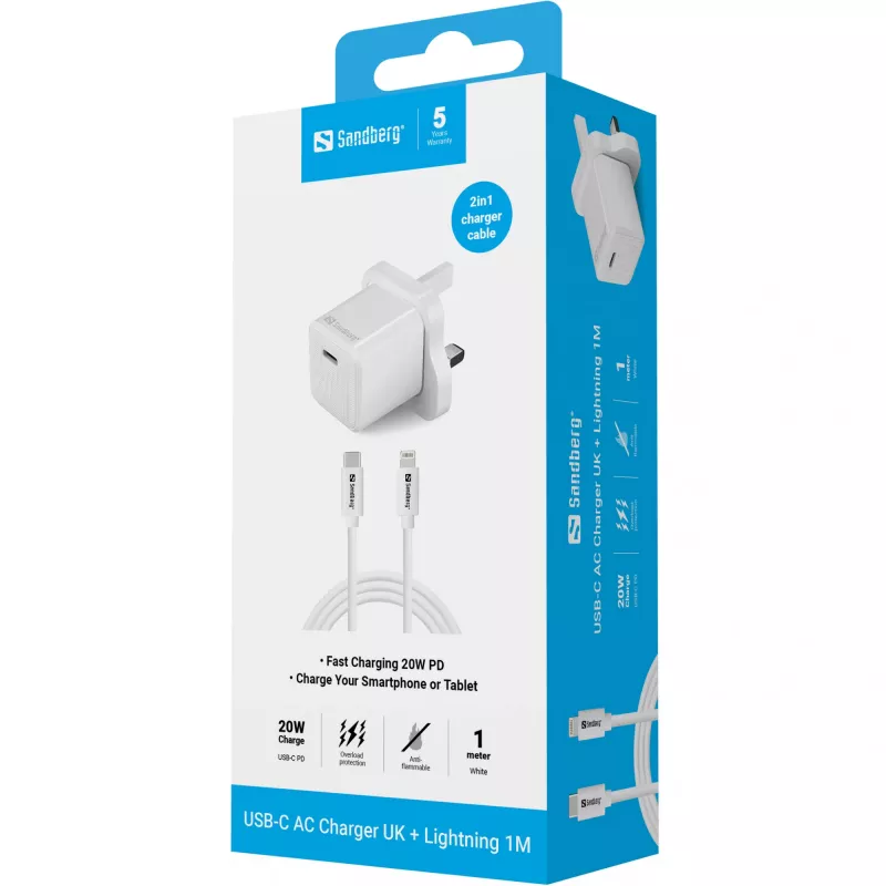 USB-C-lader SANDBERG 441-64 20W UK-stekker – snel laden met USB Power Delivery