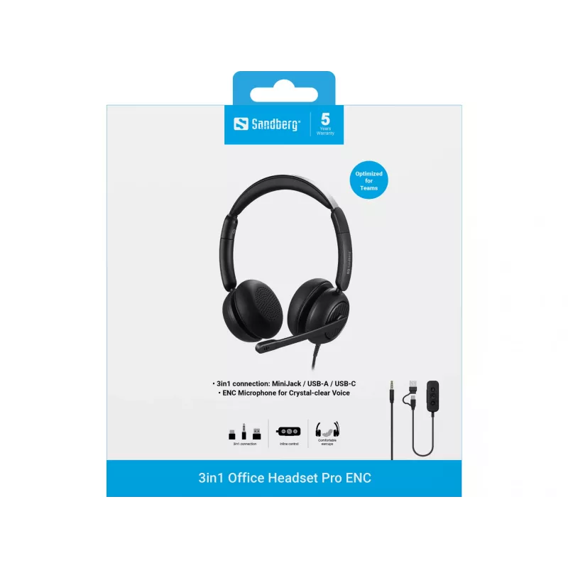 Bekabelde headset Sandberg 3in1 Office Headset Pro ENC 20-20000 Hz