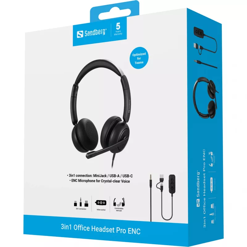 Bekabelde headset Sandberg 3in1 Office Headset Pro ENC 20-20000 Hz