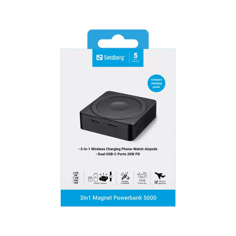 Draagbare accu Sandberg 3in1 Magnet Powerbank 5000, 5000 mAh