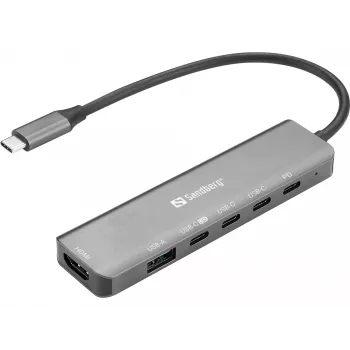 Docking-hub SANDBERG USB-C 6-in-1 MediaDock — USB 3.2 Gen 1 Type-C 10 Gbit/s, 4K HDMI, PD tot 100 W, 1×USB-A, 1×USB2.0, grijs