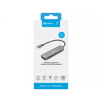 Docking-hub SANDBERG USB-C 6-in-1 MediaDock — USB 3.2 Gen 1 Type-C 10 Gbit/s, 4K HDMI, PD tot 100 W, 1×USB-A, 1×USB2.0, grijs