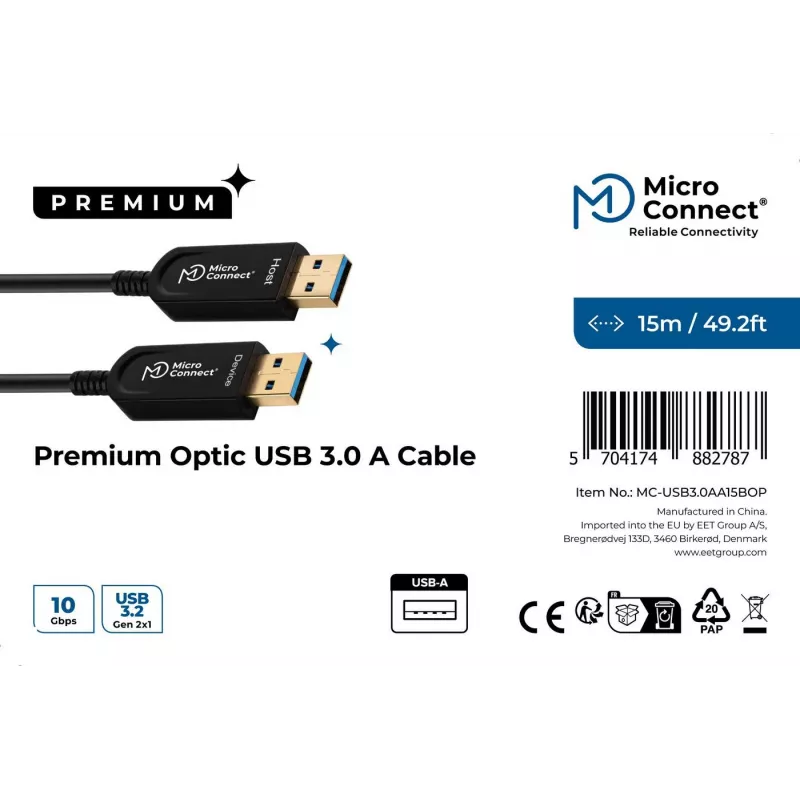 USB-kabel Microconnect USB3.0AA10BOP 10 m USB 3.2 Gen 1 zwart