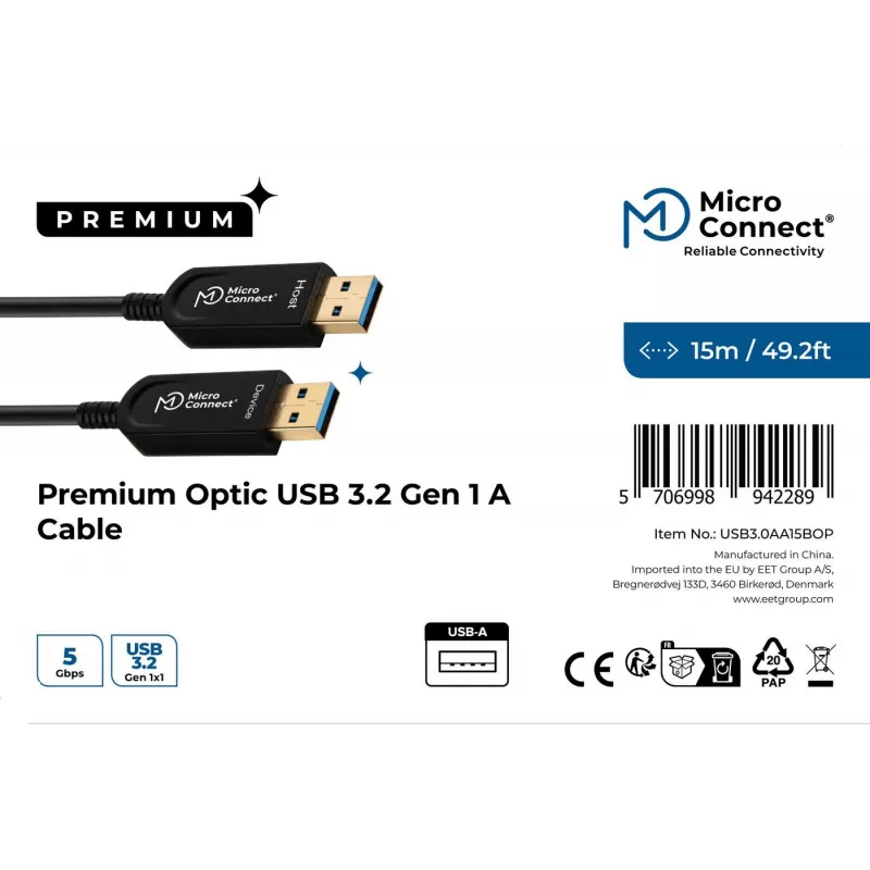 Microconnect USB3.0AA15BOP USB-kabel USB 3.2 Gen 1 (3.1 Gen 1) 15 m USB A zwart