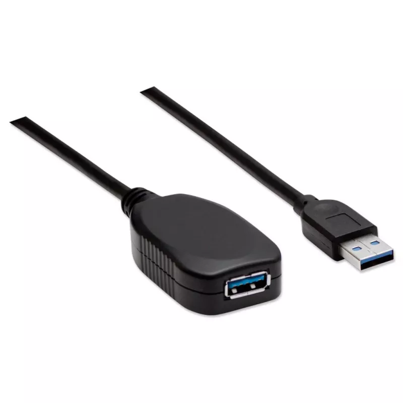 Manhattan USB-A naar USB-A verlengkabel, 5 m, stekker naar bus, actief, 5 Gbit/s (USB 3.2 Gen1, ook bekend als USB 3.0), ingebouwde repeater, SuperSpeed USB, zwart, drie jaar garantie, komt overeen met USB2AAEXT5M.