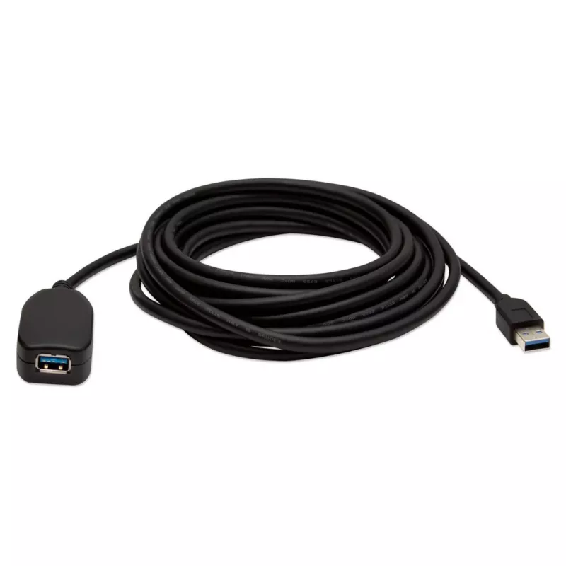 Manhattan USB-A naar USB-A verlengkabel, 5 m, stekker naar bus, actief, 5 Gbit/s (USB 3.2 Gen1, ook bekend als USB 3.0), ingebouwde repeater, SuperSpeed USB, zwart, drie jaar garantie, komt overeen met USB2AAEXT5M.