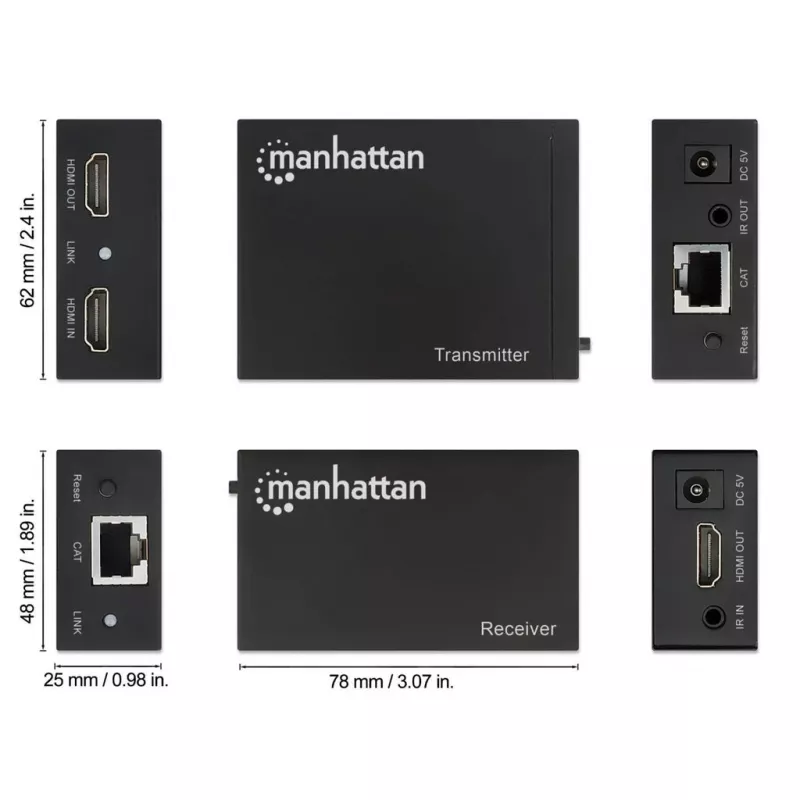 Manhattan HDMI 1080p over Ethernet extender kit, tot 50 m met één Cat6-kabel, Tx- & Rx-modules, IR-ondersteuning, drie jaar garantie