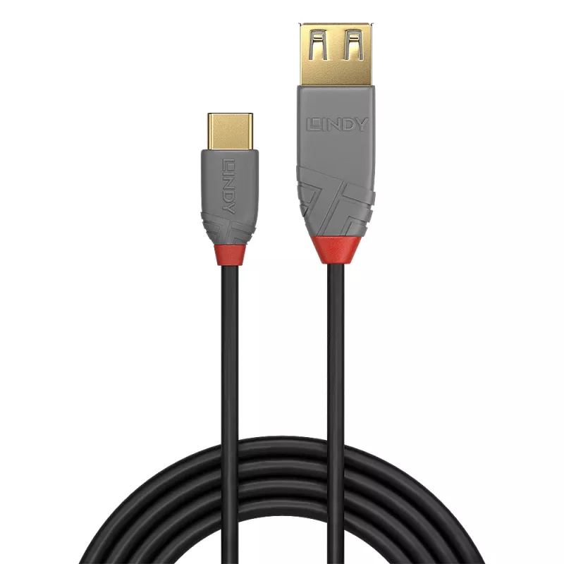 Lindy 36897 USB 2.0-adapterkabel, USB-C-stekker naar USB-A-bus, Anthra Line, 0,15 m