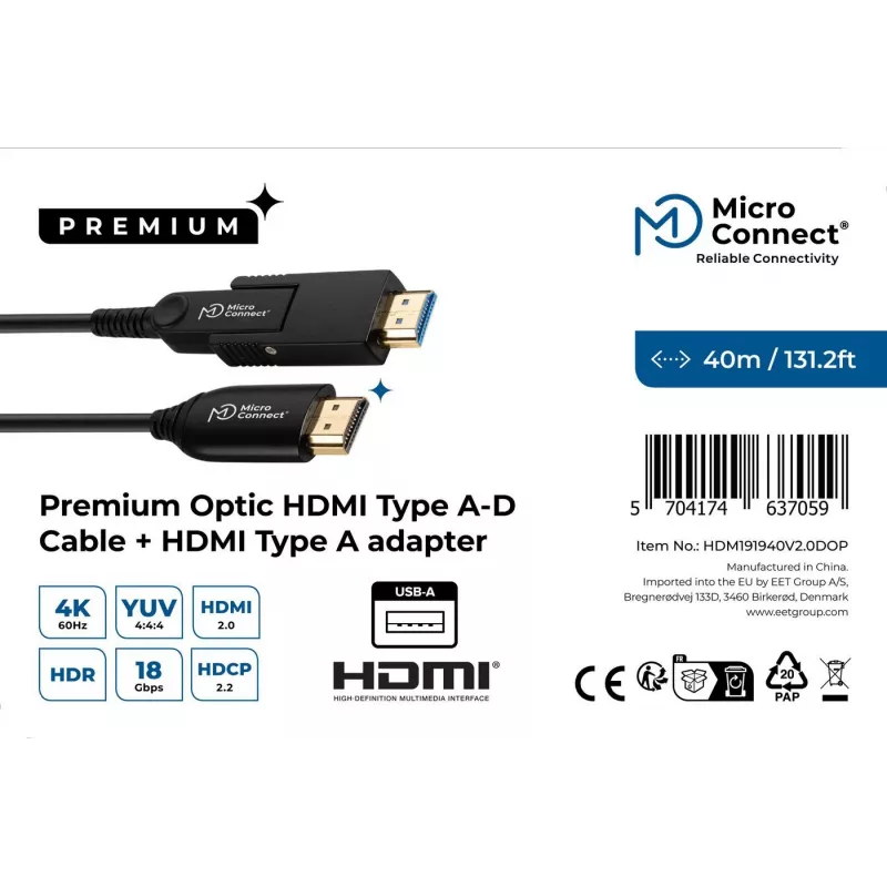 Microconnect Premium Optic HDMI A-D-kabel 40m 2.0 3D 18Gbit/s