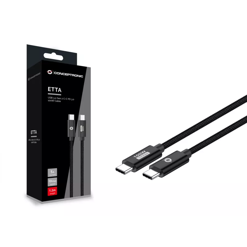 Conceptronic ETTA02B12 USB 3.2 Gen 2 C-C PD 3.0 100W-kabel 1,2 m, 20 V 5 A, 10 Gbit/s, E-Mark