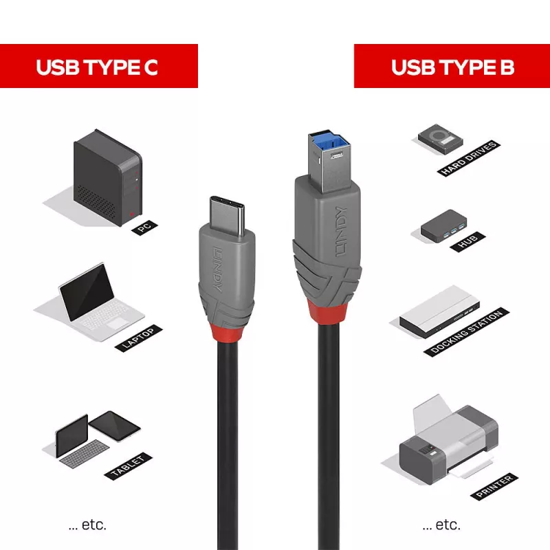 Lindy 1m USB 3.2 Type-C-naar-B-kabel, Anthra Line