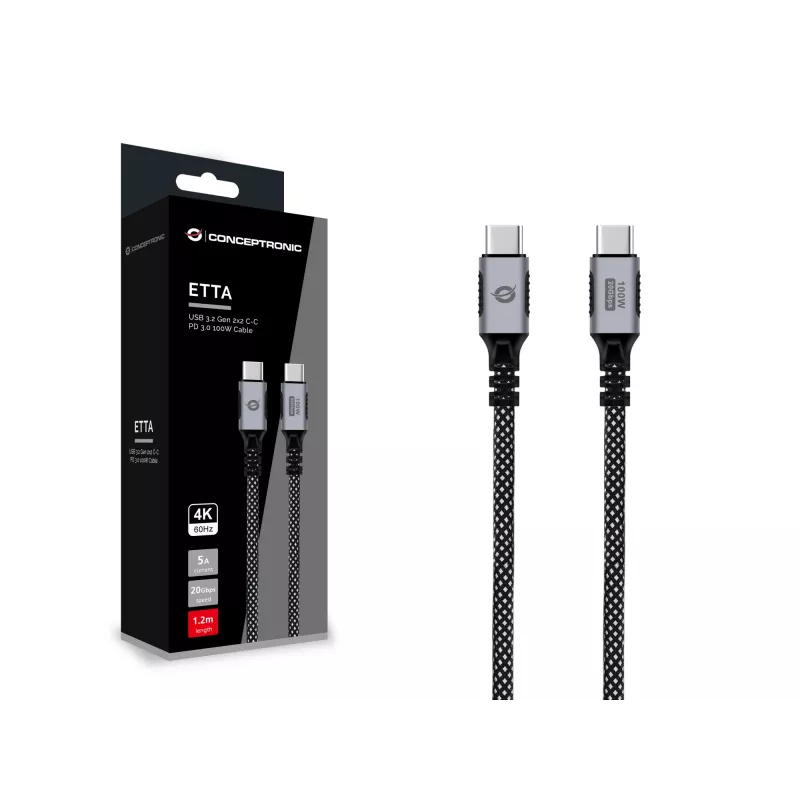 CONCEPTRONIC USB-C-naar-USB-C-kabel ETTA07B12 – USB 3.2 Gen 2x2, 1,2 m, 20 Gbps, PD 3.0 100 W (20 V/5 A), 4K60Hz, zwart, E-Mark