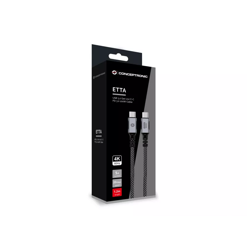 CONCEPTRONIC USB-C-naar-USB-C-kabel ETTA07B12 – USB 3.2 Gen 2x2, 1,2 m, 20 Gbps, PD 3.0 100 W (20 V/5 A), 4K60Hz, zwart, E-Mark