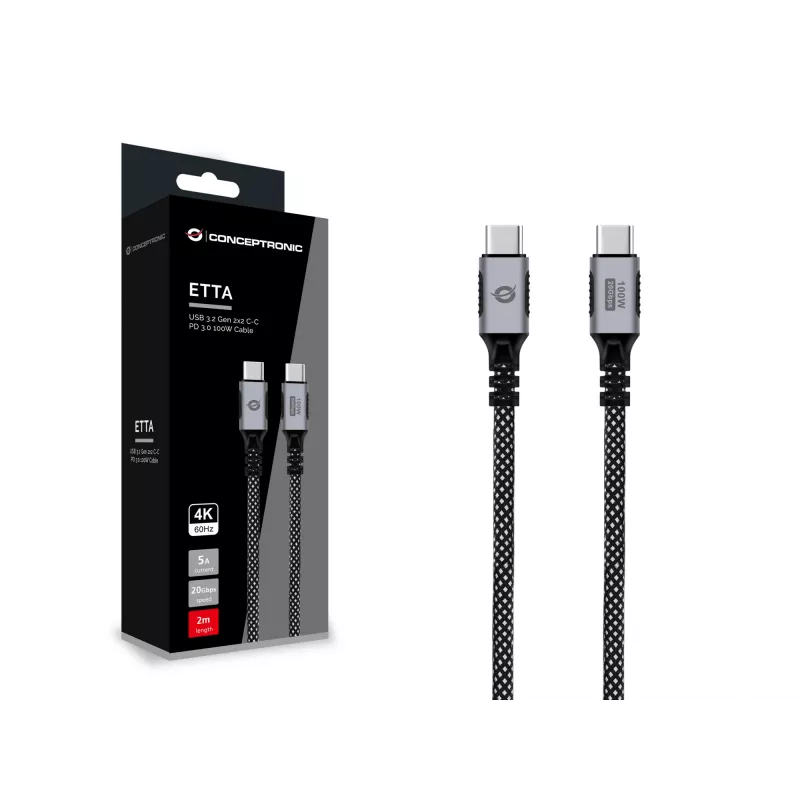 USB-C-naar-USB-C-kabel CONCEPTRONIC ETTA07B20 — USB 3.2 Gen 2x2, 2 m, 20 Gbps, PD 3.0 100W (20V 5A), 4K@60Hz, E-mark