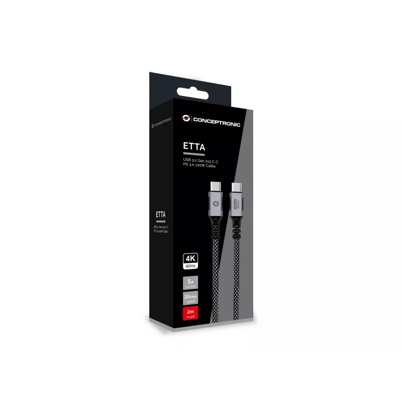 USB-C-naar-USB-C-kabel CONCEPTRONIC ETTA07B20 — USB 3.2 Gen 2x2, 2 m, 20 Gbps, PD 3.0 100W (20V 5A), 4K@60Hz, E-mark