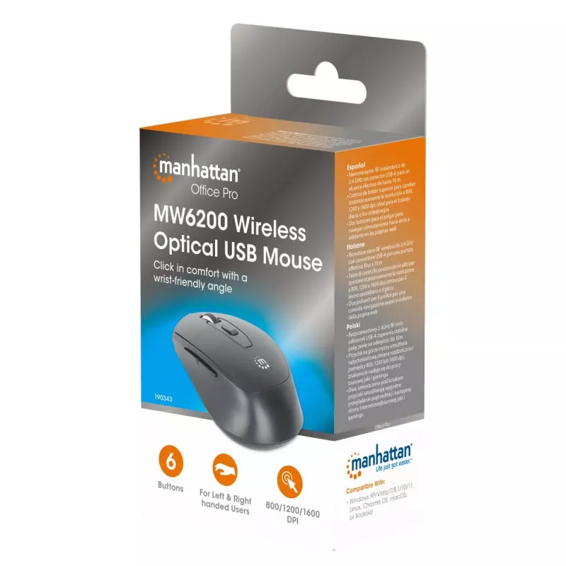 Manhattan MW6200 draadloze muis, USB-A-nano-ontvanger, zwart