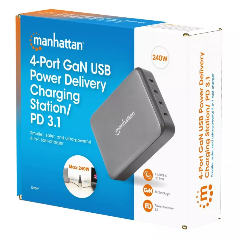Oplader Manhattan vier USB-C PD-aansluitingen 140W per aansluiting 240W totaal
