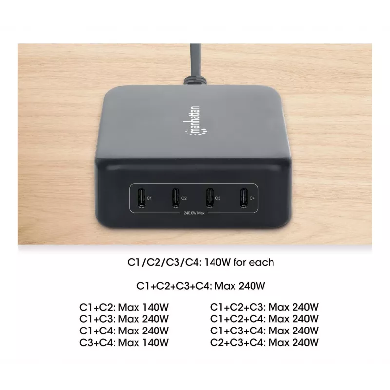 Oplader Manhattan vier USB-C PD-aansluitingen 140W per aansluiting 240W totaal