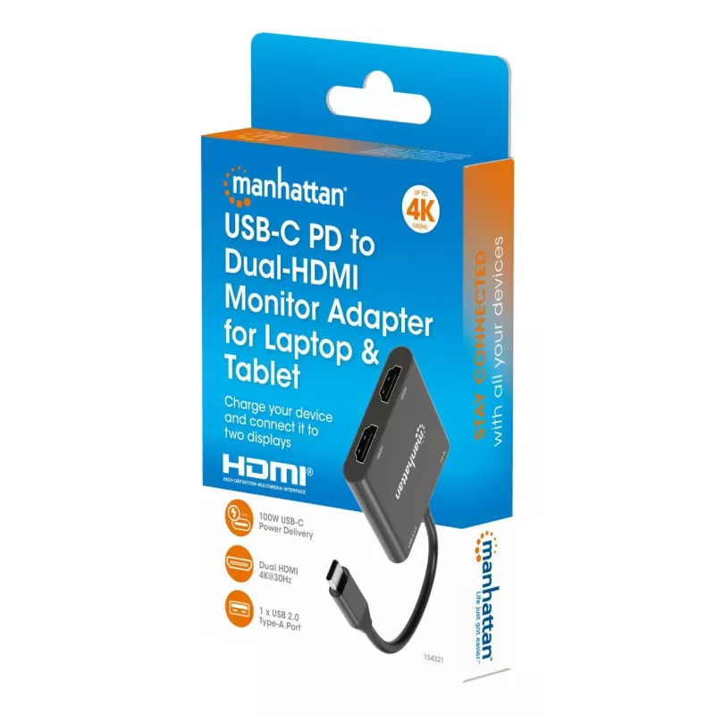 Multipoort-adapter Manhattan 154321 USB Type-C naar 2 HDMI USB-A Power Delivery 100 W