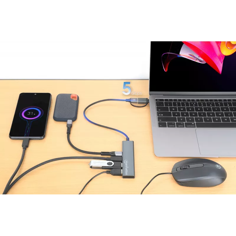 USB-C & USB-A combo dock/hub Manhattan 4 poorten 5 Gbps aluminium