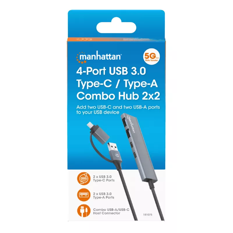 USB-C & USB-A combo dock/hub Manhattan 4 poorten 5 Gbps aluminium