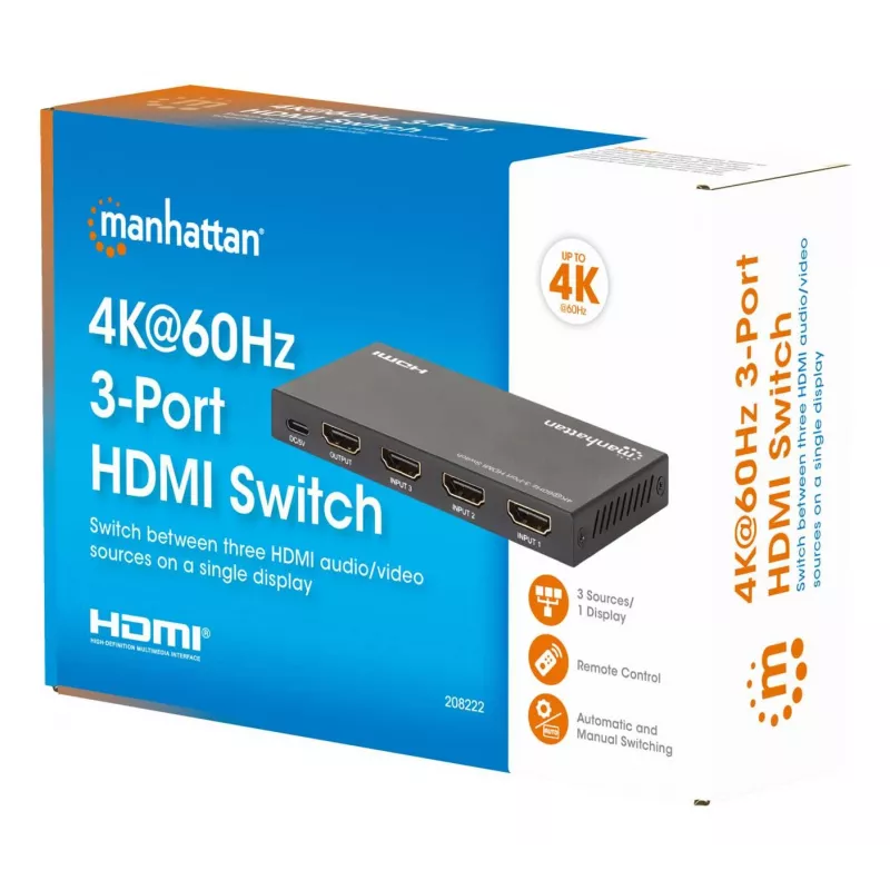 HDMI-switch 3x1 MANHATTAN 18G automatisch handmatig IR-afstandsbediening zwart