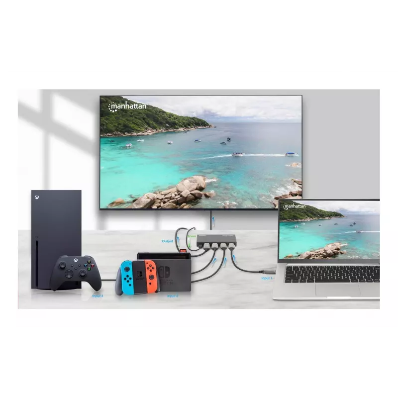 HDMI-switch 3x1 MANHATTAN 18G automatisch handmatig IR-afstandsbediening zwart