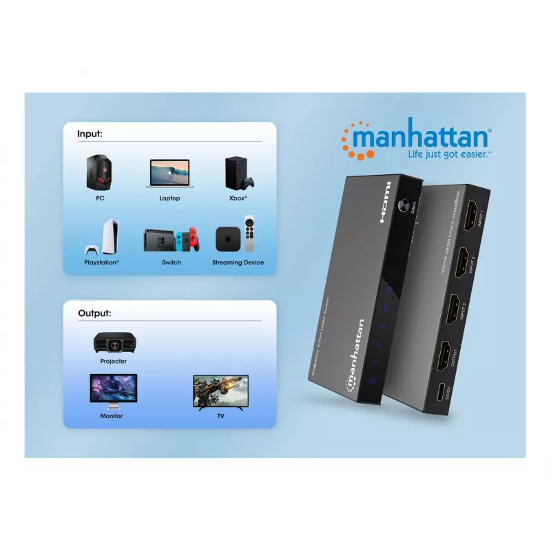 HDMI-switch 3x1 MANHATTAN 18G automatisch handmatig IR-afstandsbediening zwart