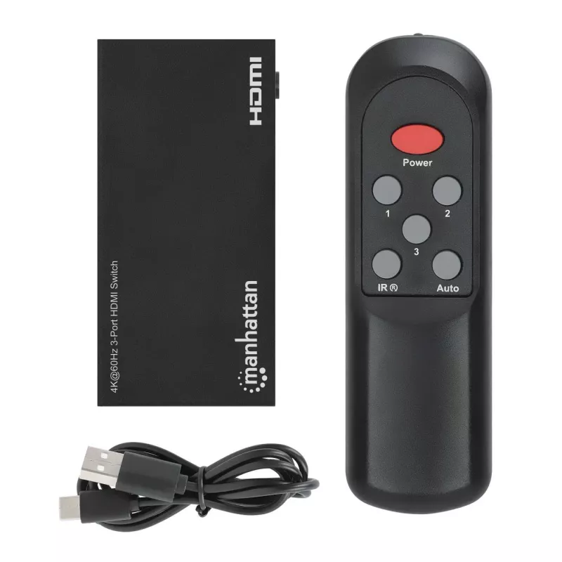 HDMI-switch 3x1 MANHATTAN 18G automatisch handmatig IR-afstandsbediening zwart