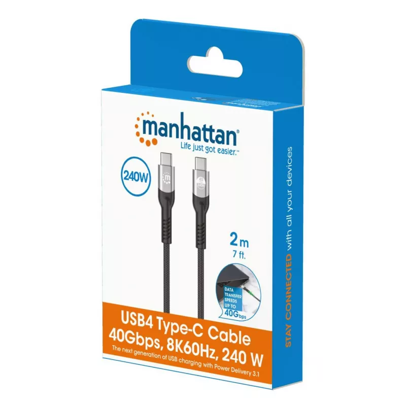 USB-C-stekker naar USB-C-stekker kabel Manhattan 2m USB4 Gen 3x2 8K 60Hz