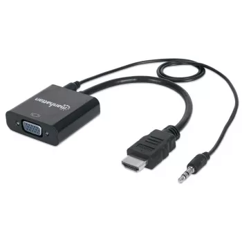 Manhattan HDMI-naar-VGA-converterkabel (met audio), 1080p, 30 cm, stekker naar bus, Micro-USB-stroomingang voor extra stroom indien nodig, zwart, drie jaar garantie