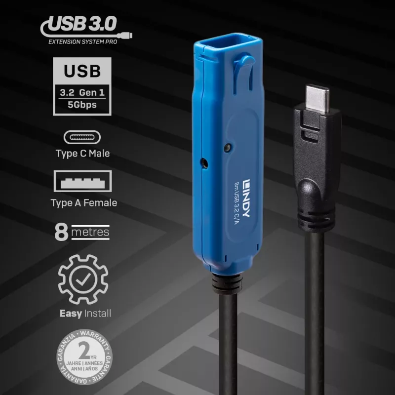 Lindy 43381 USB-kabel USB 3.2 Gen 1 (3.1 Gen 1) 8 m USB C USB A zwart, blauw