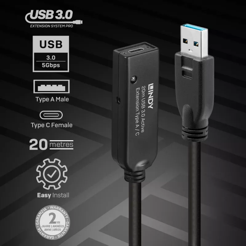 Lindy 20 m USB 3.0 actieve verlengkabel Type A naar C