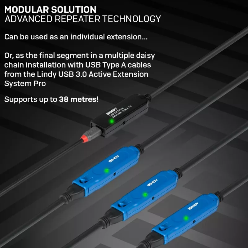 Lindy 20 m USB 3.0 actieve verlengkabel Type A naar C