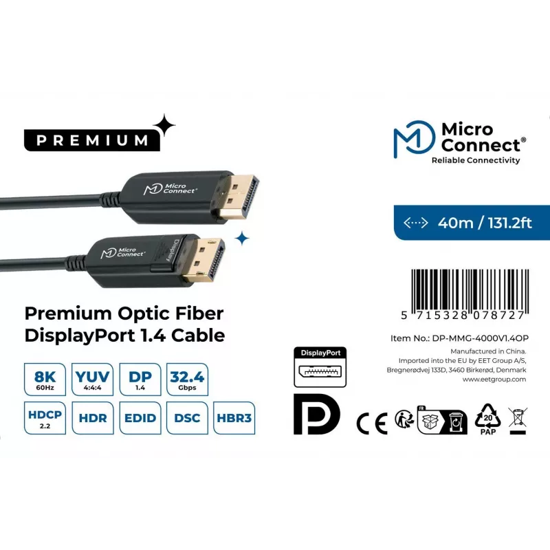 DisplayPort-kabel MicroConnect DP-MMG-4000V1.4OP — DisplayPort 1.4, ondersteunt tot 8K@60Hz