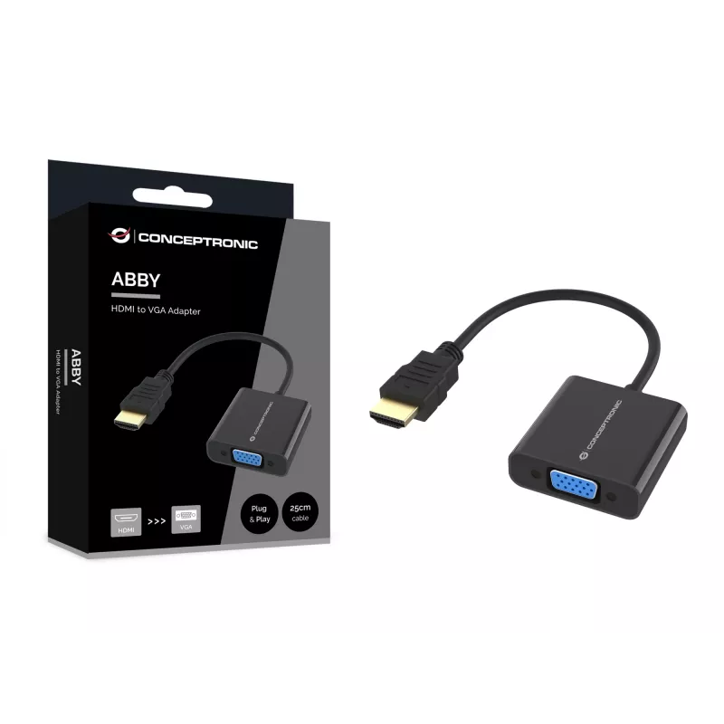Conceptronic ABBY20B HDMI-naar-VGA-adapter, 0,25 m, HDMI type A (standaard), VGA (D-Sub), stekker, bus, recht