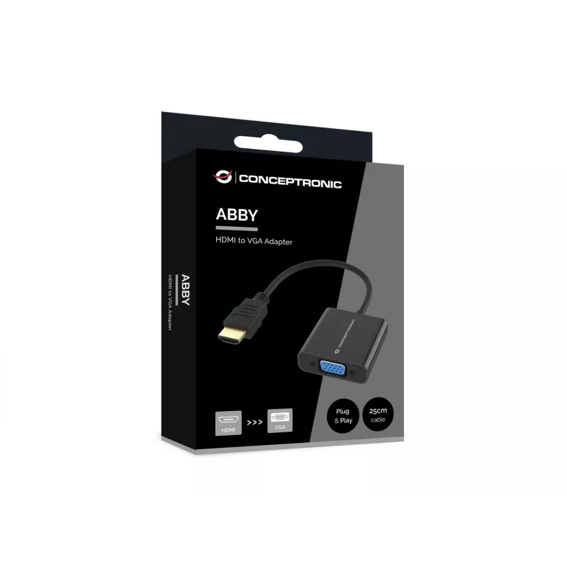 Conceptronic ABBY20B HDMI-naar-VGA-adapter, 0,25 m, HDMI type A (standaard), VGA (D-Sub), stekker, bus, recht