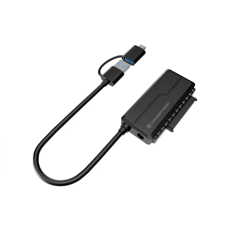 Conceptronic ABBY21B USB 3.0 SATA-adapter met voeding, 2,5 inch/3,5 inch SATA HDD/SSD, 2-in-1 USB-C/A-kabel