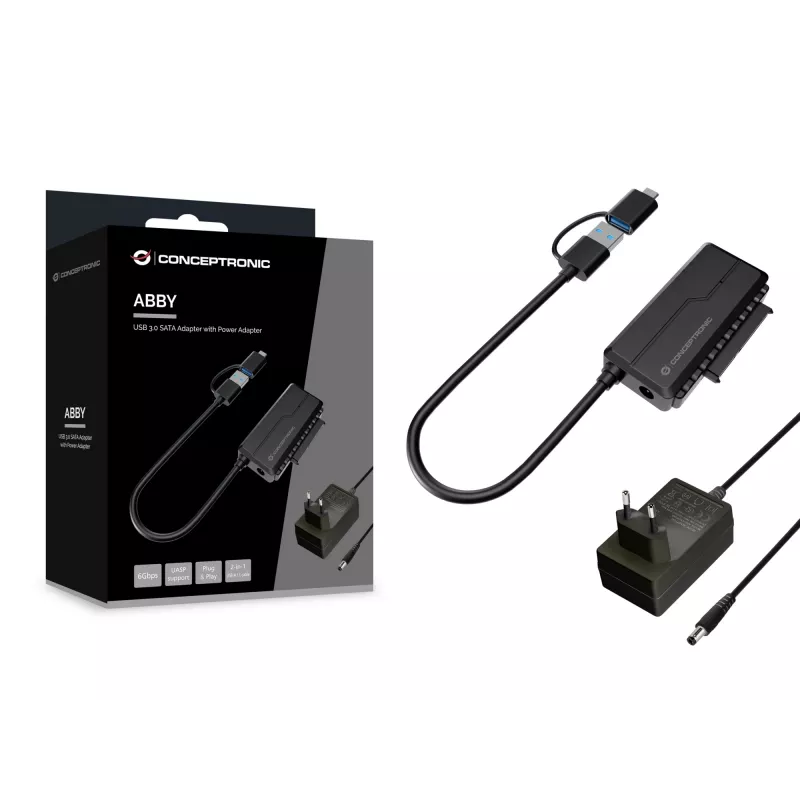 Conceptronic ABBY21B USB 3.0 SATA-adapter met voeding, 2,5 inch/3,5 inch SATA HDD/SSD, 2-in-1 USB-C/A-kabel