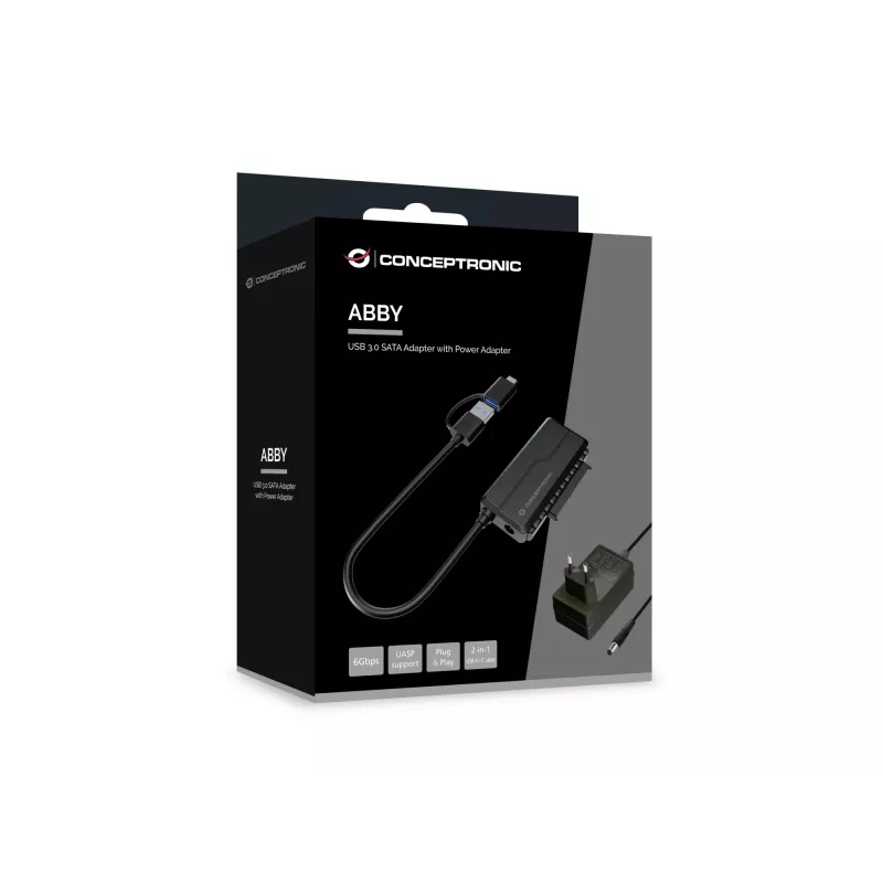 Conceptronic ABBY21B USB 3.0 SATA-adapter met voeding, 2,5 inch/3,5 inch SATA HDD/SSD, 2-in-1 USB-C/A-kabel