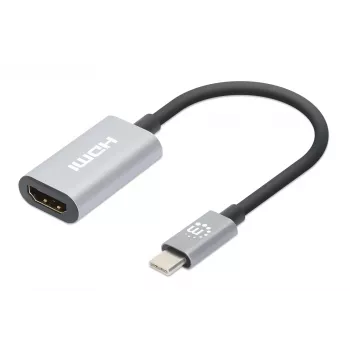 Manhattan USB-C-naar-HDMI-kabel, 4K@60Hz, 5 Gbit/s (USB 3.2 Gen1 aka USB 3.0), 11 cm, stekker naar bus, zwart/zilver, drie jaar garantie