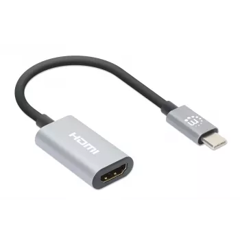 Manhattan USB-C-naar-HDMI-kabel, 4K@60Hz, 5 Gbit/s (USB 3.2 Gen1 aka USB 3.0), 11 cm, stekker naar bus, zwart/zilver, drie jaar garantie