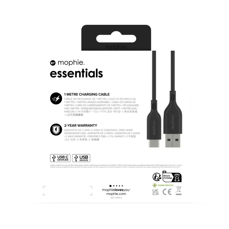Mophie Essentials oplaadkabel | 1 m USB-kabel USB 2.0 USB A naar USB C zwart
