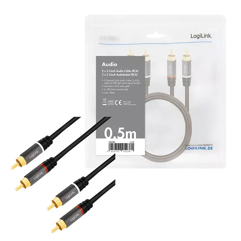 Audiokabel LogiLink CA1201 0,5 m 2 x RCA Zwart