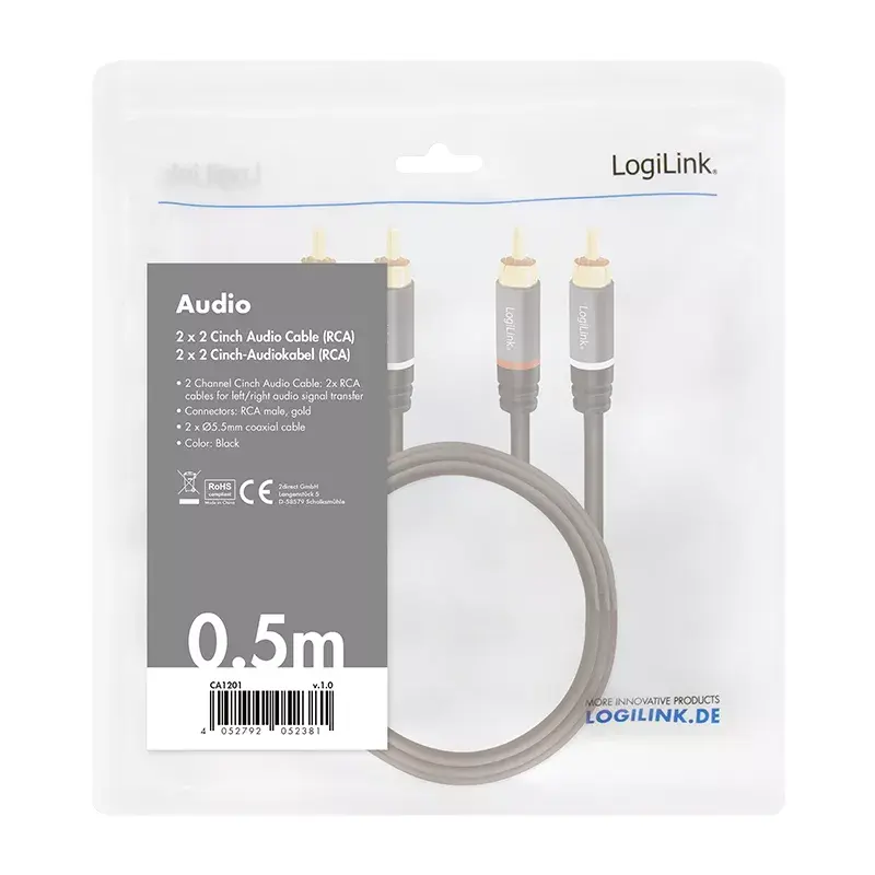 Audiokabel LogiLink CA1201 0,5 m 2 x RCA Zwart