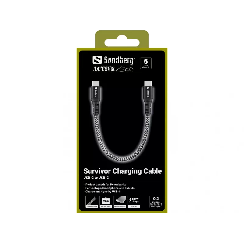 USB-C-kabel Sandberg Survivor 0,2 m 100 W zwart wit
