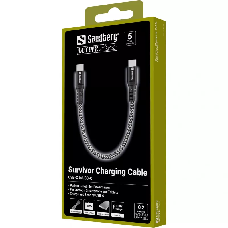 USB-C-kabel Sandberg Survivor 0,2 m 100 W zwart wit