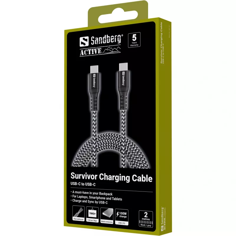 USB-C-kabel Sandberg Survivor 2M 100W zwart wit